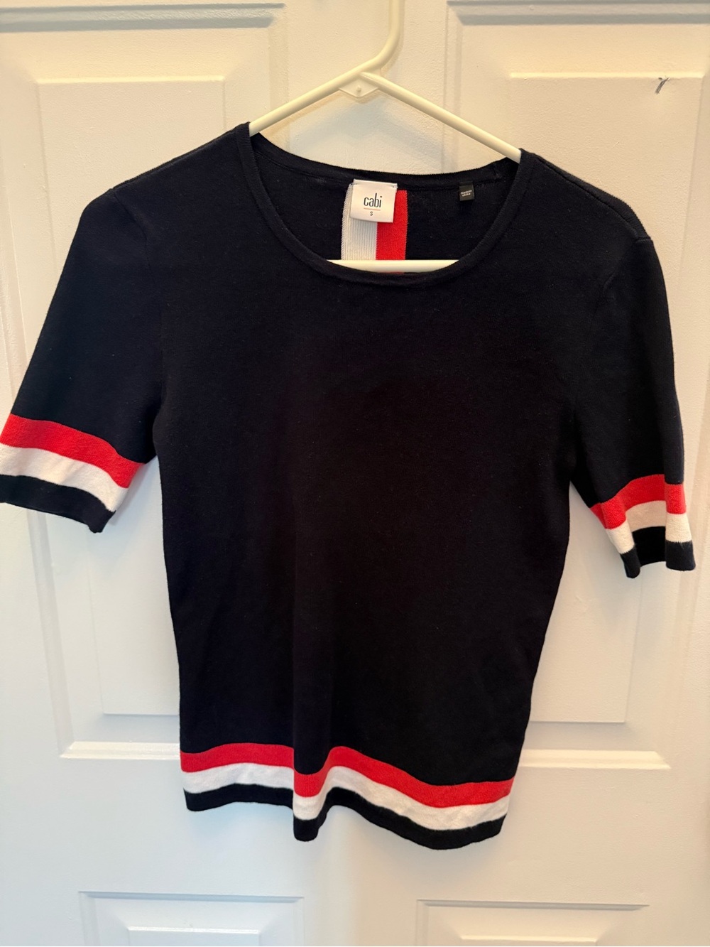 CAbi navy Hampton Striped Knit Top with Red and White Stripe Trim size S
